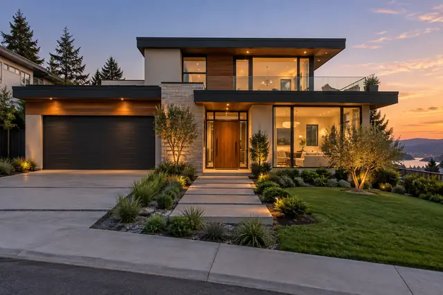 Contemporary home, exterior at twilight, original still photo